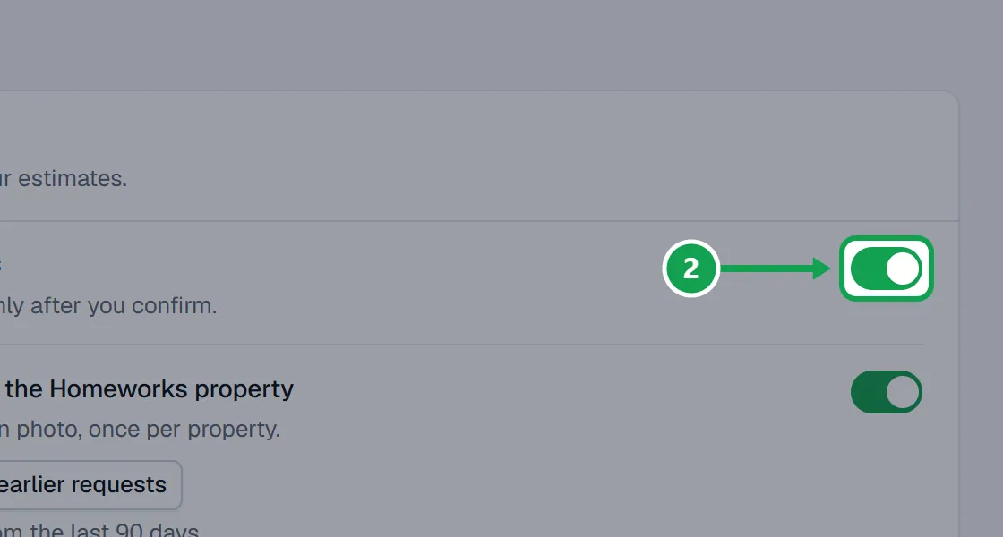 Step 2: Turn on Let Seasonly send estimates to change prices and send from Requests. Every send still asks you to confirm first. The part to press is outlined in green.