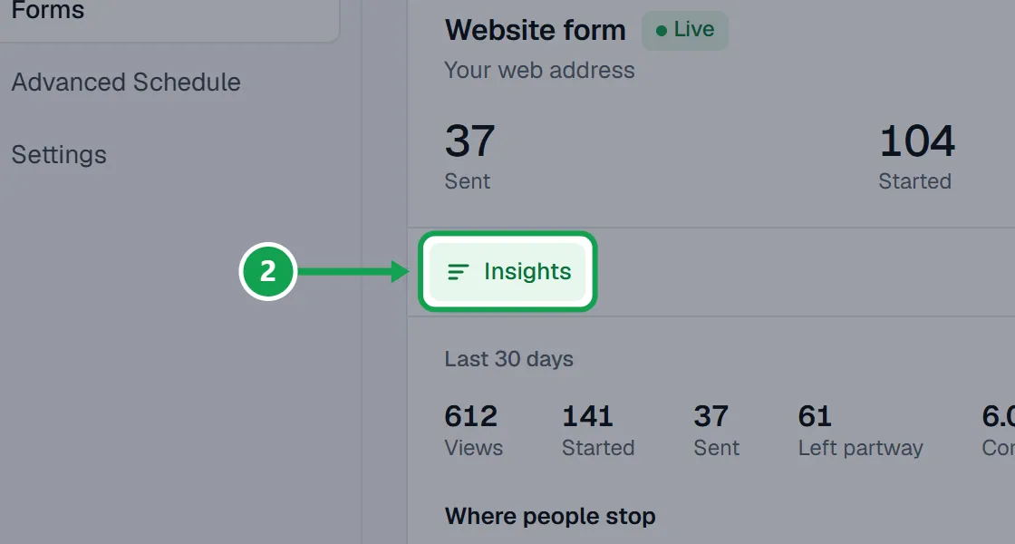 Step 2: Press Insights on a card. The part to press is outlined in green.