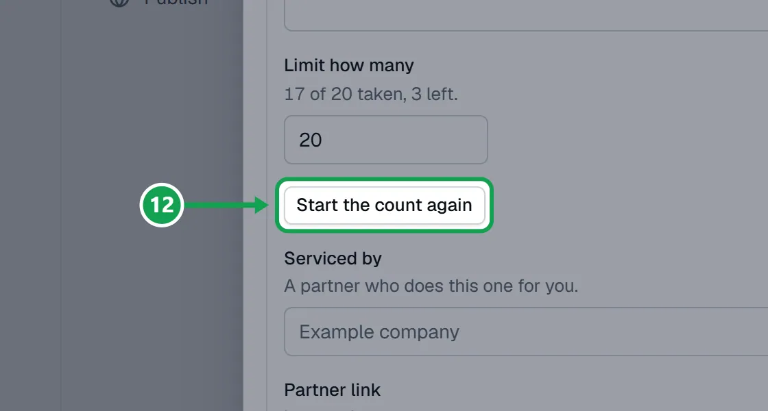 Step 12: For one service, open its Options, then Tooltip, limit and partner, and press Start the count again. The part to press is outlined in green.