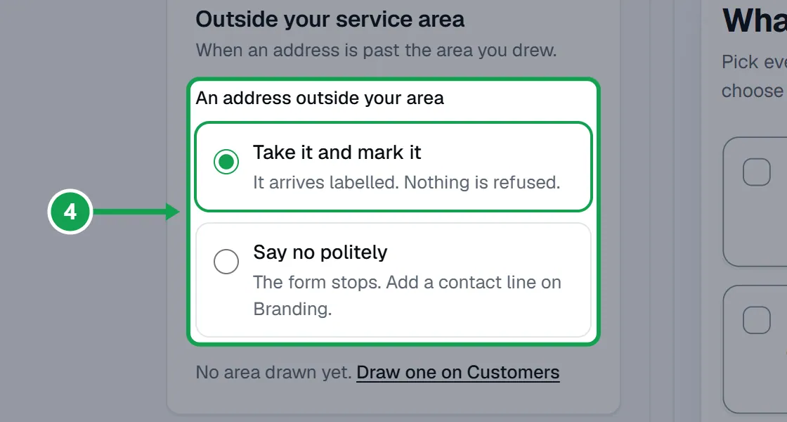 Step 4: Addresses outside your area: on Contact details, pick Take it and mark it or Say no politely, then press Save changes. The part to press is outlined in green.