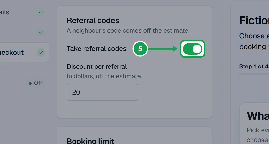 Step 5: Referral codes: on Review & checkout, turn on Take referral codes and type the Discount per referral in dollars. The part to press is outlined in green.