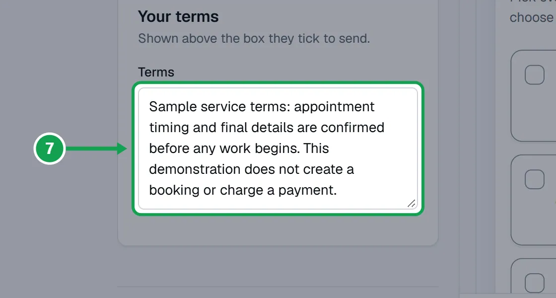 Step 7: Terms: type them in Terms. Customers read them above the box they tick to send. Press Save changes. The part to press is outlined in green.