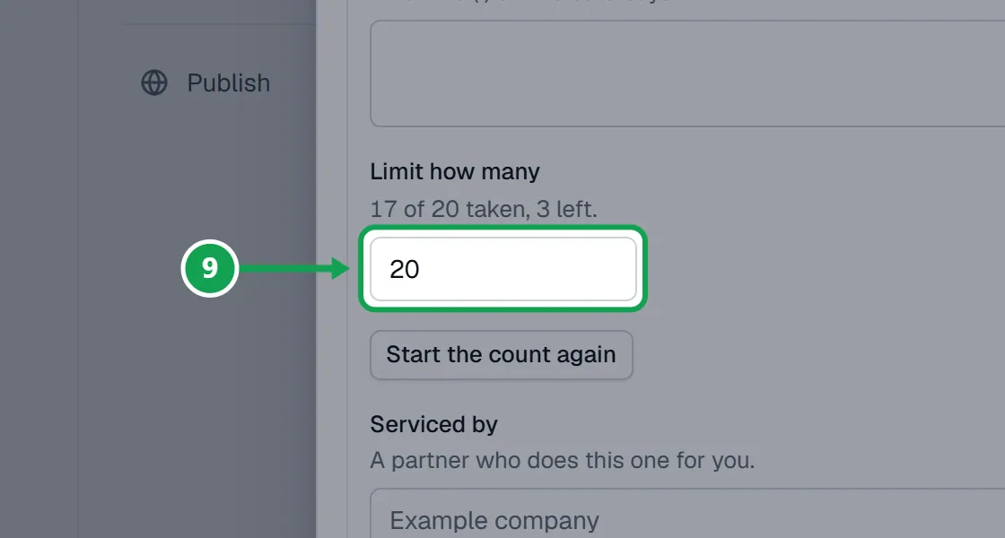 Step 9: Open Tooltip, limit and partner and type a number in Limit how many. The part to press is outlined in green.