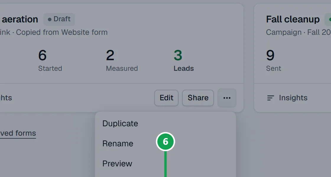 Step 6: Open the menu on the form's card and choose Archive. It stops taking requests and leaves the list. The part to press is outlined in green.