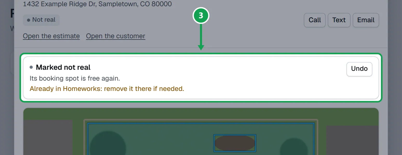 Step 3: It now says Marked not real. If the booking held a spot, it also says the spot is free again. If it already reached Homeworks, it says so. The part to press is outlined in green.