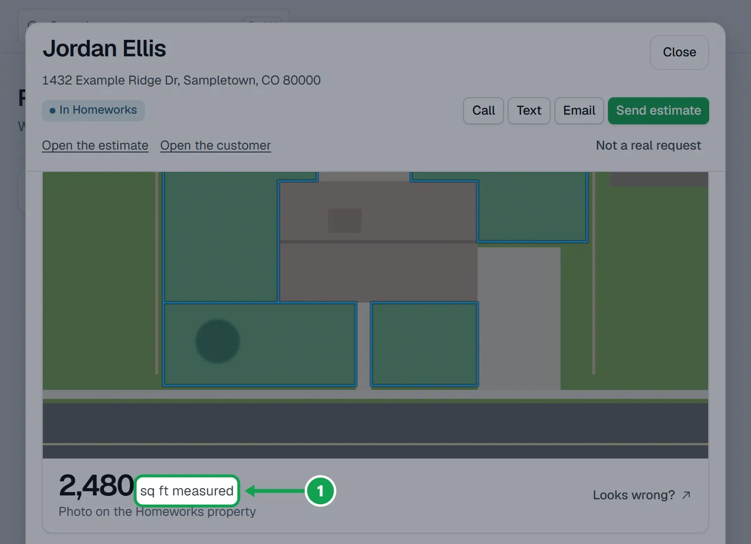 Step 1: Open the request on Requests. The aerial photo with the lawn outlined and the sq ft measured are at the top. The part to press is outlined in green.