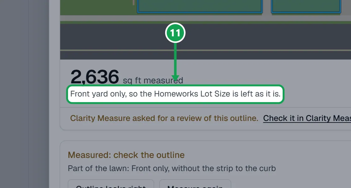 Step 11: Only a whole-yard measurement goes on the Lot Size. A front yard only or back yard only measurement prices this estimate and leaves the Lot Size as it is, and the request says so. The part to press is outlined in green.
