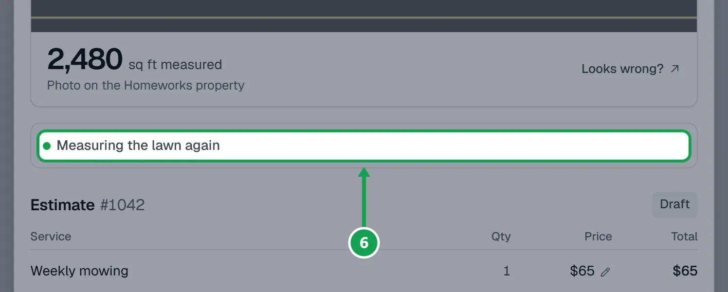 Step 6: The request says Measuring the lawn again for a few minutes. The new size and the draft estimate update on their own when it finishes. The part to press is outlined in green.