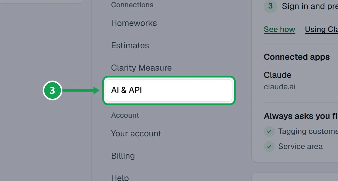 Step 3: To see which assistants and keys can reach your account, open Settings and choose AI & API. The part to press is outlined in green.