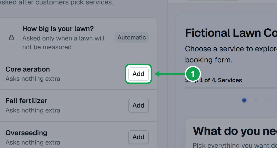 Step 1: Open Form and choose Questions, then press Add or Edit beside the service. The part to press is outlined in green.