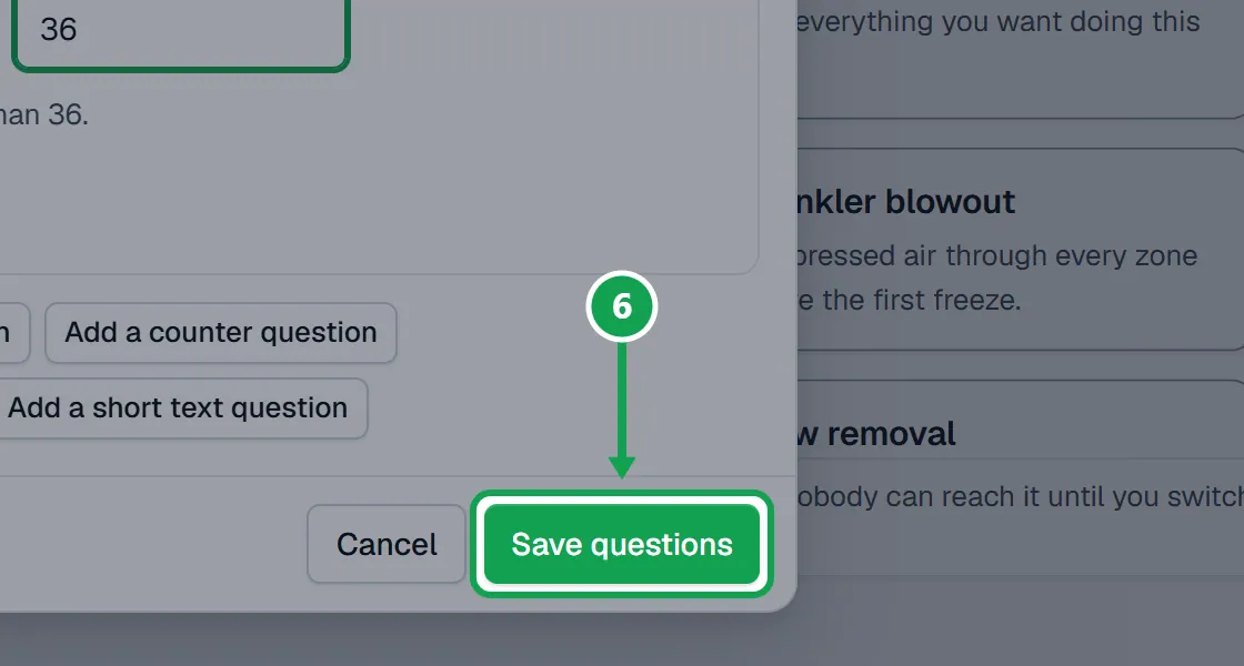 Step 6: Press Save questions. The preview on the right shows the question only when the rule holds. The part to press is outlined in green.
