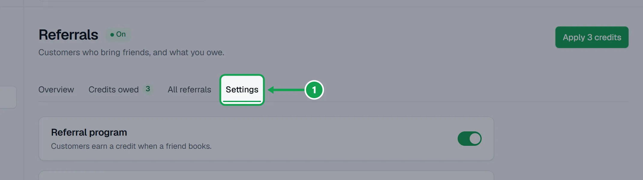 Step 1: Open Referrals from the menu, then the Settings tab. The part to press is outlined in green.