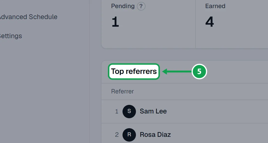 Step 5: On Overview, see how many are Pending, Earned, Credits owed, Applied and Blocked, and your Top referrers. The part to press is outlined in green.