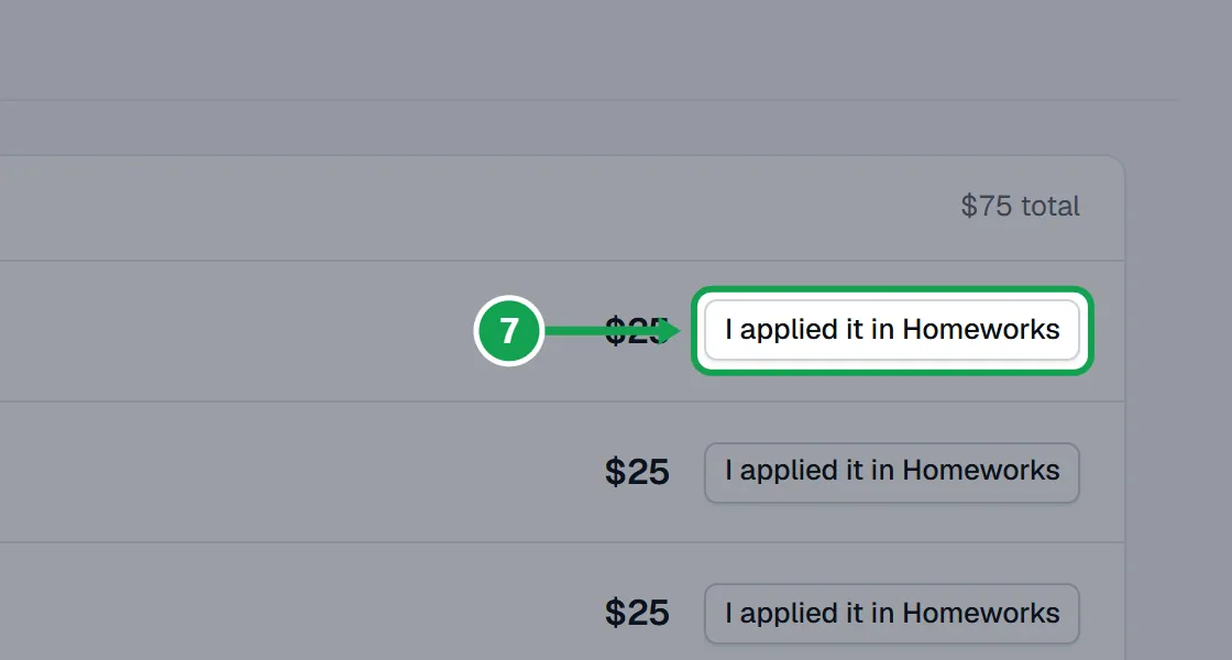 Step 7: Add the credit to that customer in Homeworks, then press I applied it in Homeworks. It leaves the list, and Seasonly keeps who marked it and when. The part to press is outlined in green.