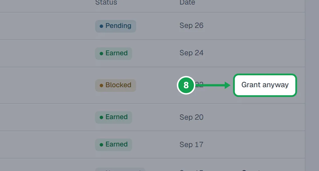 Step 8: Open All referrals to see every referral and why any was blocked. To reward one anyway, press Grant anyway. The part to press is outlined in green.