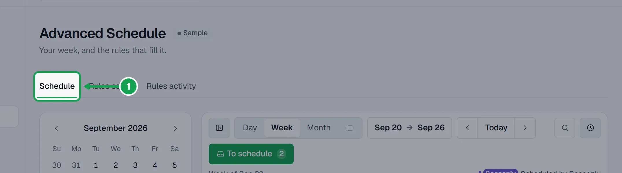 Step 1: Open Advanced Schedule. The Schedule tab shows your week, read live from Homeworks. The part to press is outlined in green.