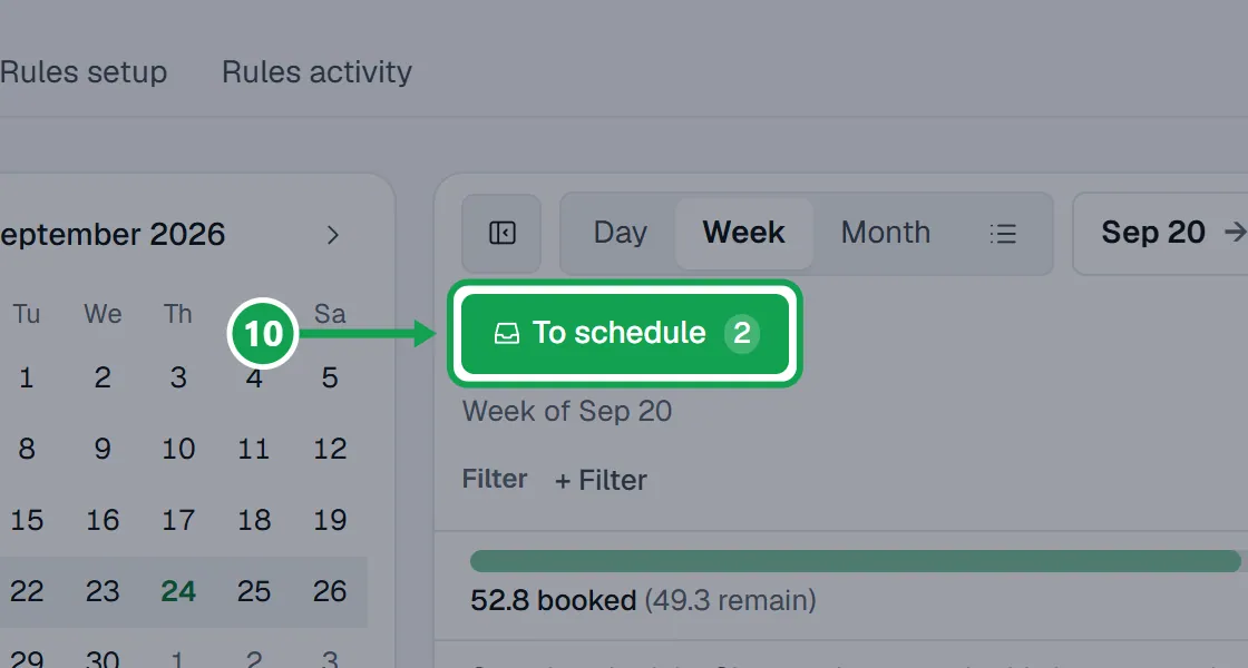 Step 10: Press Waiting to schedule at the top right. On a smaller screen it says To schedule. The part to press is outlined in green.