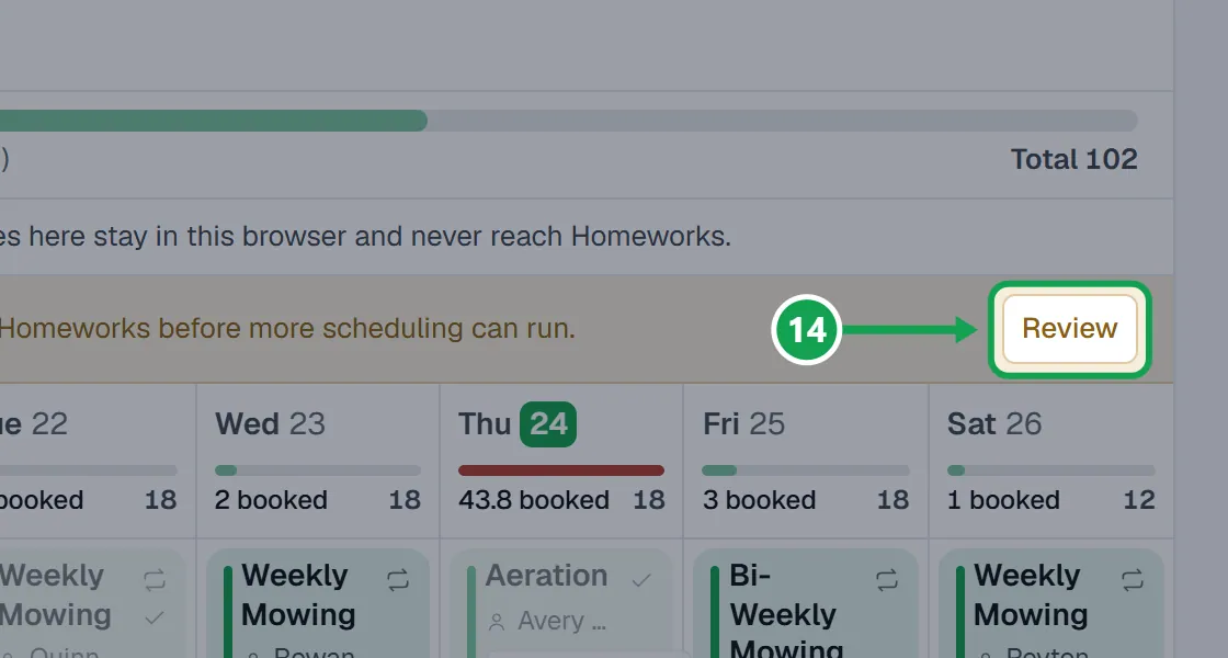 Step 14: Press Review on the line over the board that says a visit needs checking. The part to press is outlined in green.