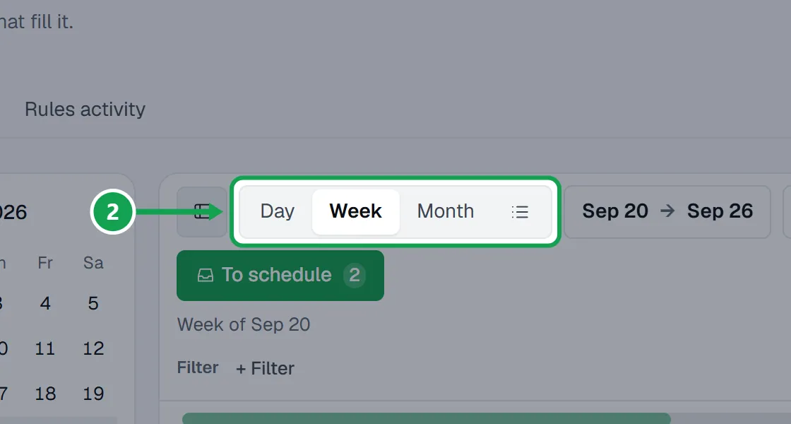 Step 2: Pick Day, Week, Month or List. Use the arrows or Today to move, or press the date to jump. The part to press is outlined in green.