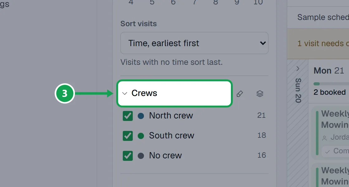 Step 3: In the left panel, tick or untick Crews, People and Status to show only what you want. Hide filters folds the panel away. The part to press is outlined in green.