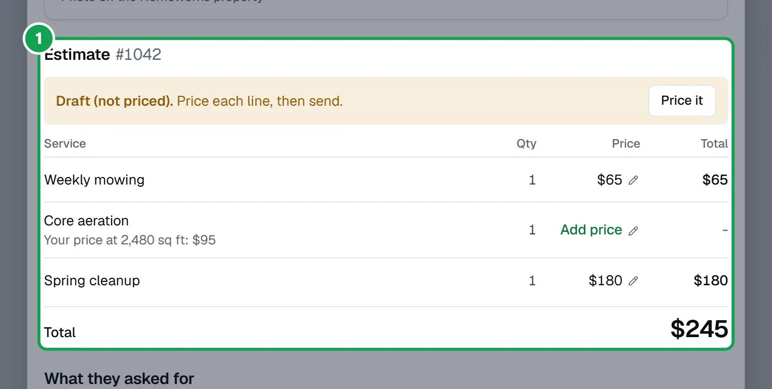 Step 1: Open Requests and press the request to open it. The Estimate section shows each line's price and the Total, read live from Homeworks. The part to press is outlined in green.