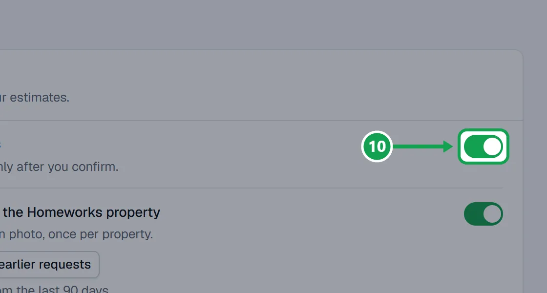 Step 10: Turn on Let Seasonly send estimates. Every price change and send still asks you to confirm. The part to press is outlined in green.