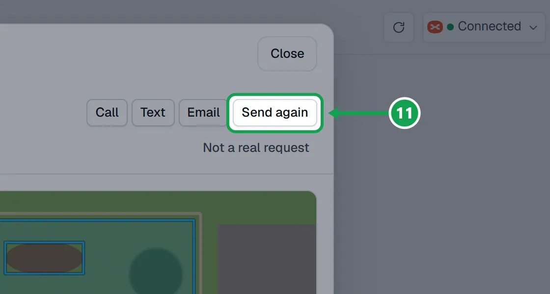 Step 11: Open the request. The button now says Send again. The part to press is outlined in green.