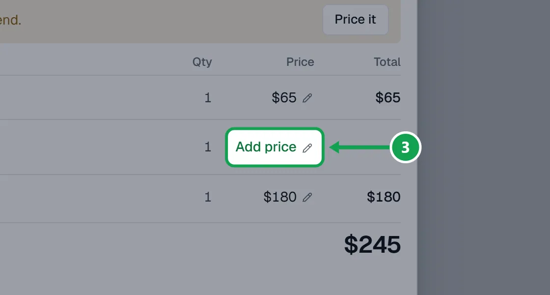 Step 3: To change any price, press the price on its line. The part to press is outlined in green.