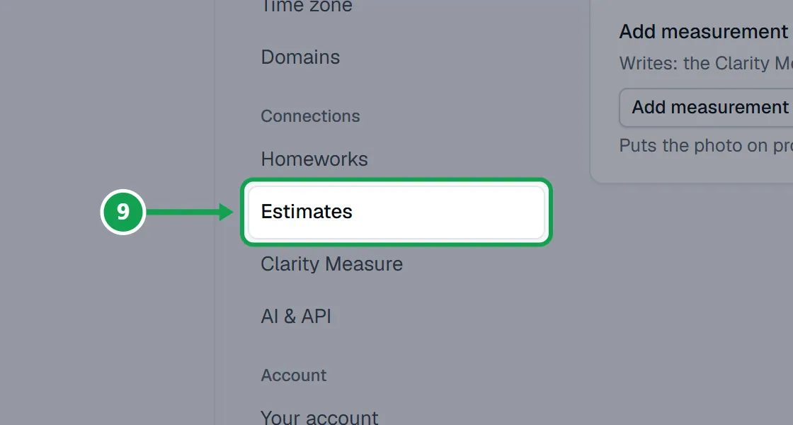 Step 9: Open Settings and choose Estimates. The part to press is outlined in green.