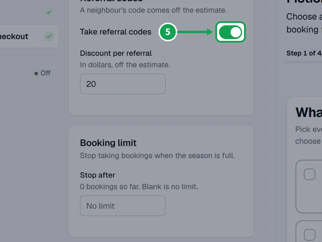 Step 5: On Review & checkout, set referral codes, a booking limit and your terms, and press Save changes. The part to press is outlined in green.