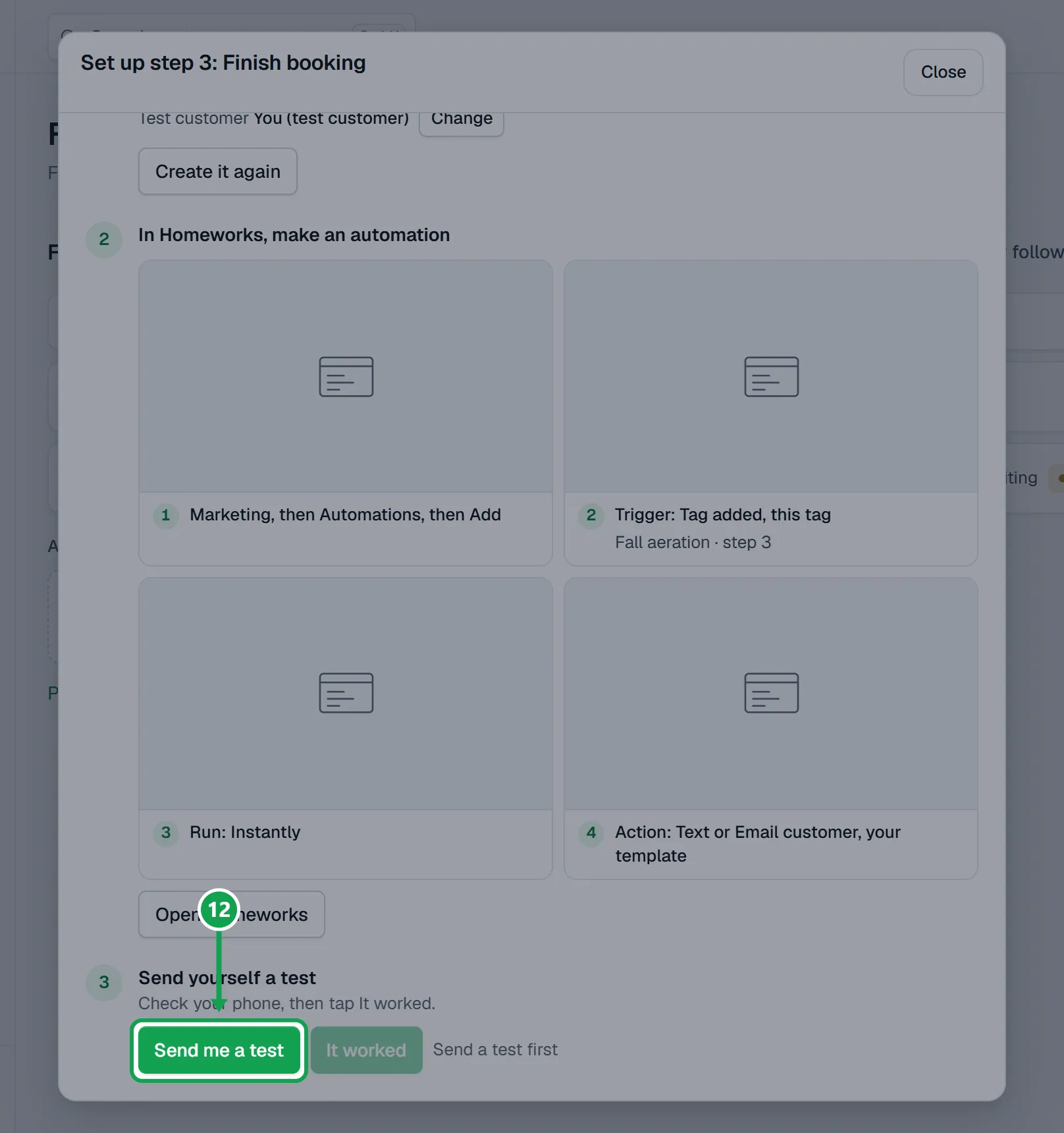 Step 12: Back in Seasonly, press Send me a test and check your phone. The part to press is outlined in green.