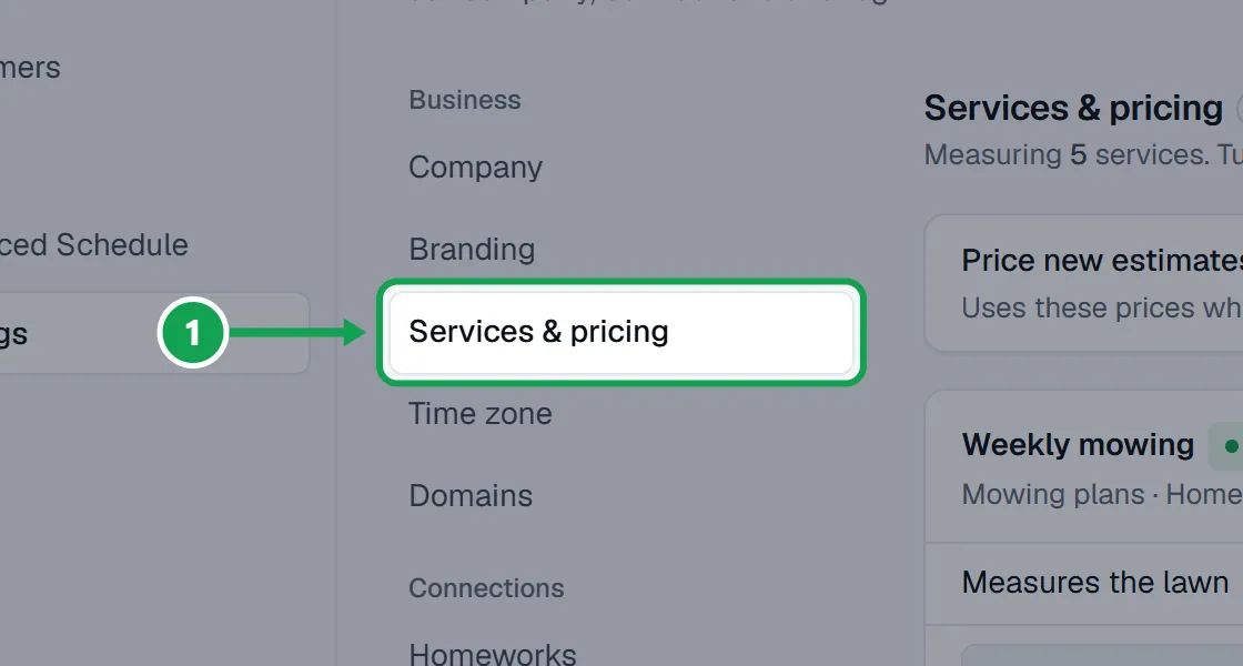 Step 1: Open Settings and choose Services & pricing. The part to press is outlined in green.