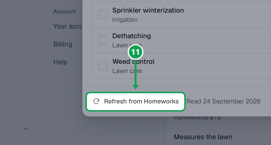 Step 11: Press Add services, then Refresh from Homeworks at the bottom. The part to press is outlined in green.