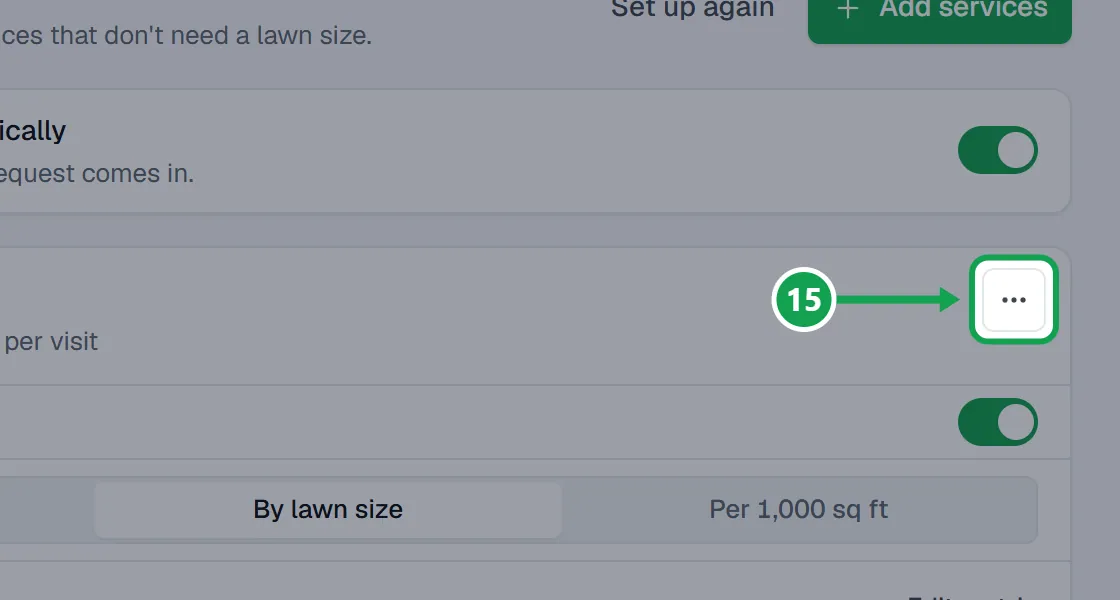 Step 15: Open the ... menu on the service's card and choose Stop offering. The part to press is outlined in green.
