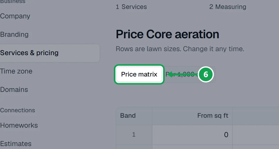Step 6: Press Next. For each one you price yourself, choose Price matrix or Per 1,000 sq ft and fill in the prices. The part to press is outlined in green.