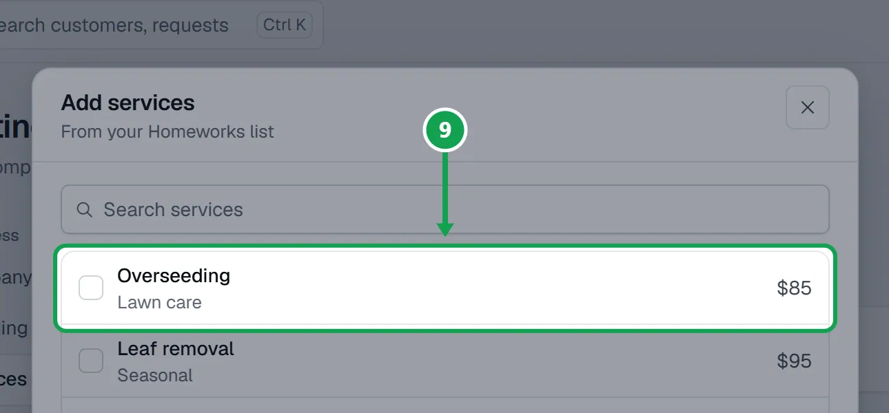 Step 9: Tick the services to add, then press the Add button at the bottom. It counts how many you ticked. The part to press is outlined in green.