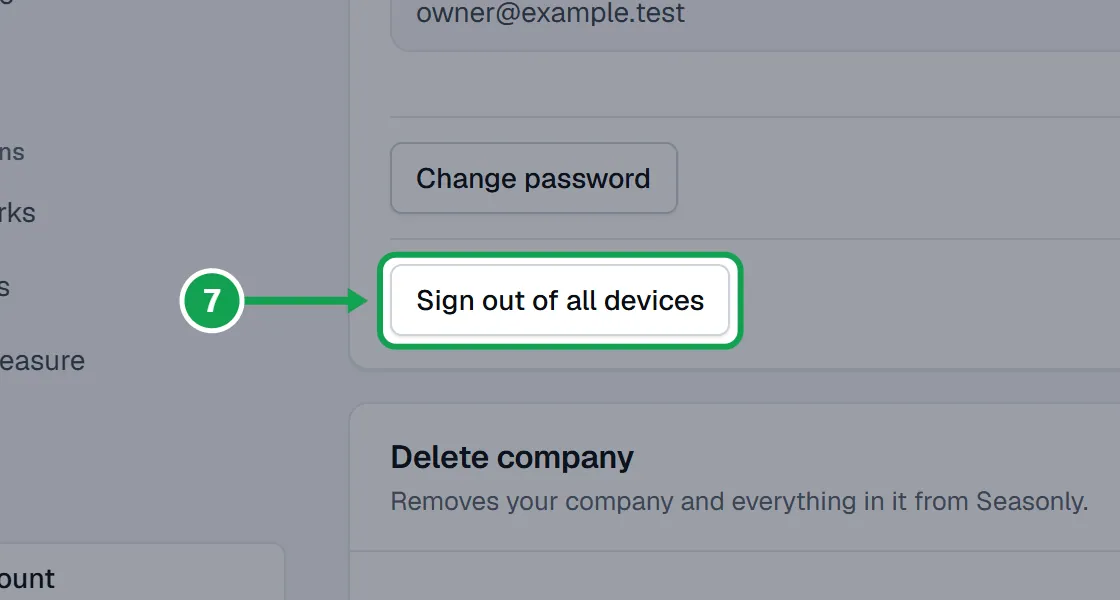 Step 7: On Your account, press Sign out of all devices. The part to press is outlined in green.