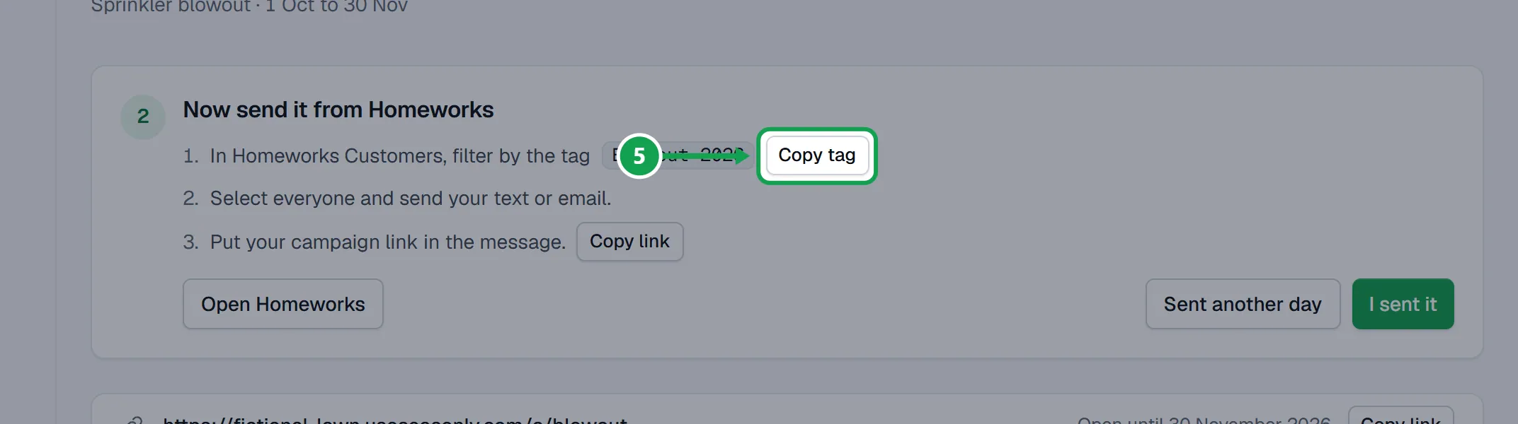 Step 5: Then Now send it from Homeworks: in Homeworks Customers, filter by the tag (Copy tag), select everyone and send your text or email with the link (Copy link). The part to press is outlined in green.