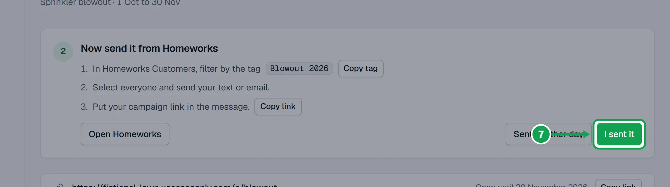 Step 7: Press I sent it, or Sent another day, so Seasonly knows the day. Follow-ups count from it. The part to press is outlined in green.
